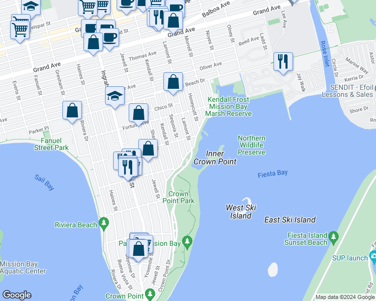 map of restaurants, bars, coffee shops, grocery stores, and more near 3850 Crown Point Drive in San Diego