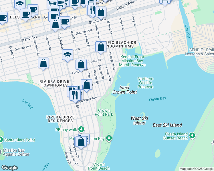map of restaurants, bars, coffee shops, grocery stores, and more near 3839 Sequoia Street in San Diego