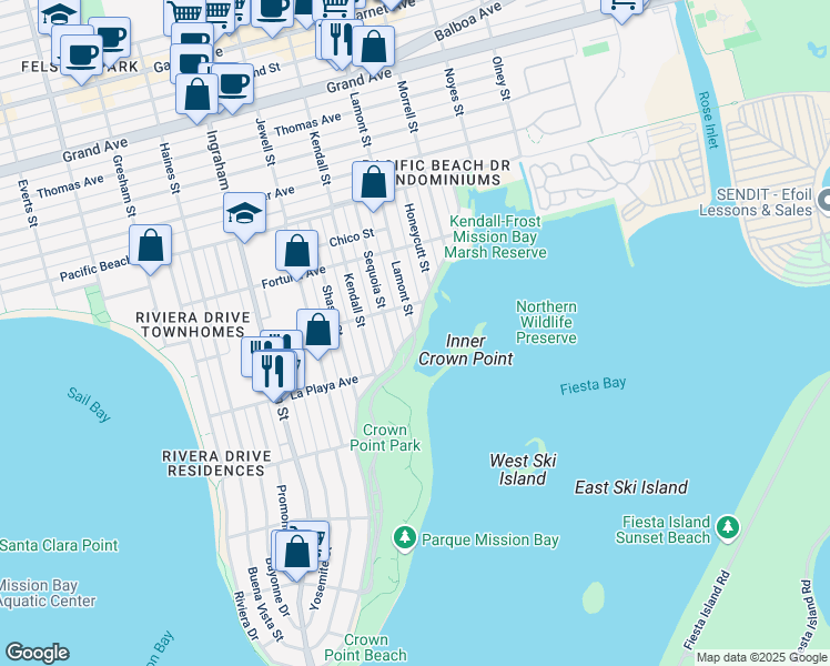map of restaurants, bars, coffee shops, grocery stores, and more near Lamont Street & Crown Point Drive in San Diego