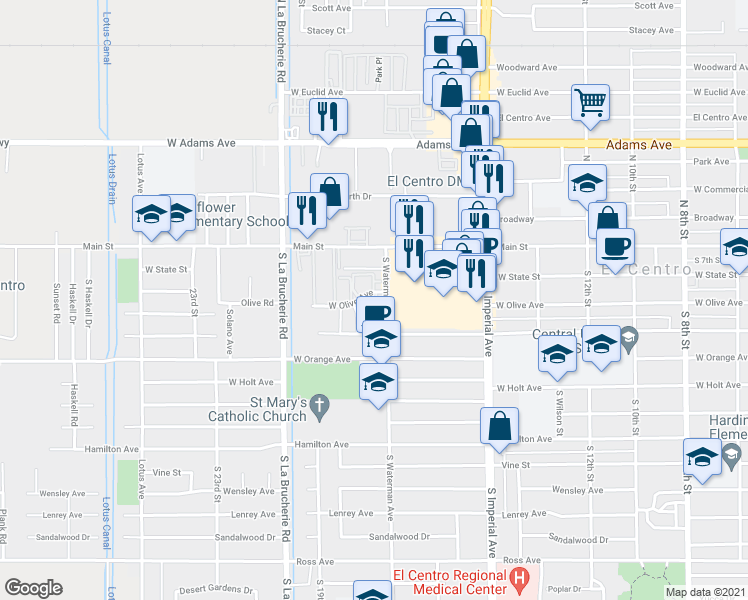 map of restaurants, bars, coffee shops, grocery stores, and more near 1720 West Olive Avenue in El Centro