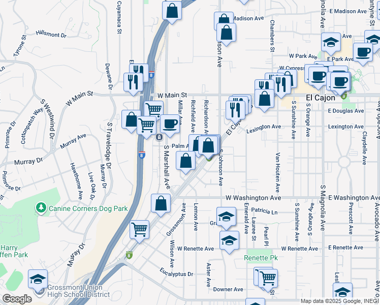 map of restaurants, bars, coffee shops, grocery stores, and more near 838 Palm Avenue in El Cajon