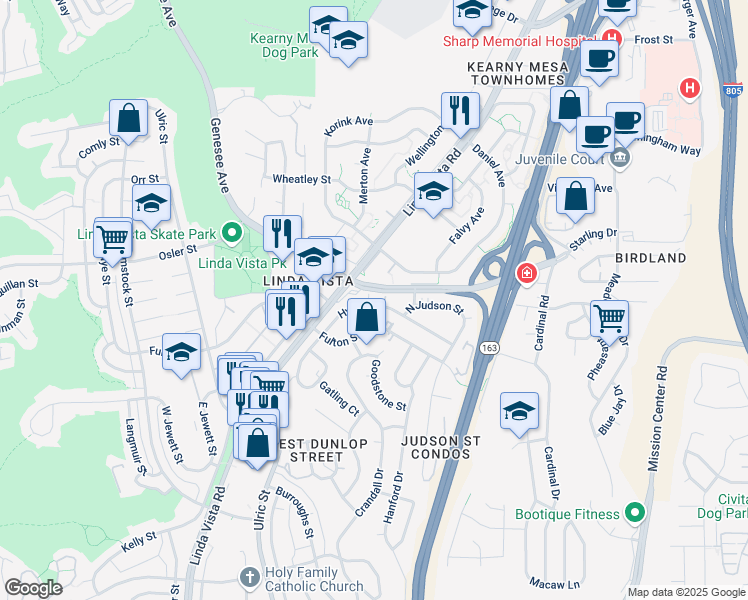 map of restaurants, bars, coffee shops, grocery stores, and more near 7311 Linda Vista Road in San Diego