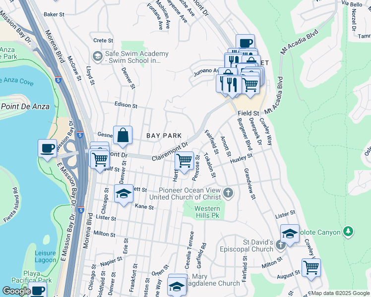 map of restaurants, bars, coffee shops, grocery stores, and more near 2812 Clairemont Drive in San Diego