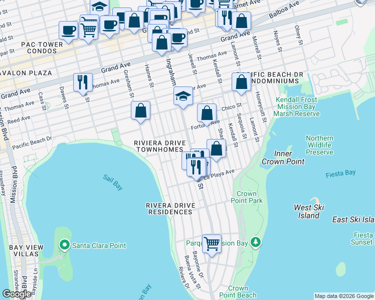map of restaurants, bars, coffee shops, grocery stores, and more near 3940 Ingraham Street in San Diego