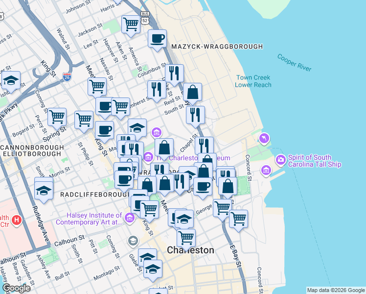 map of restaurants, bars, coffee shops, grocery stores, and more near 18F Chapel Street in Charleston