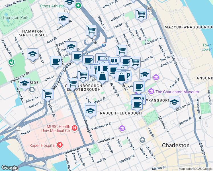 map of restaurants, bars, coffee shops, grocery stores, and more near 15 Brewster Court in Charleston