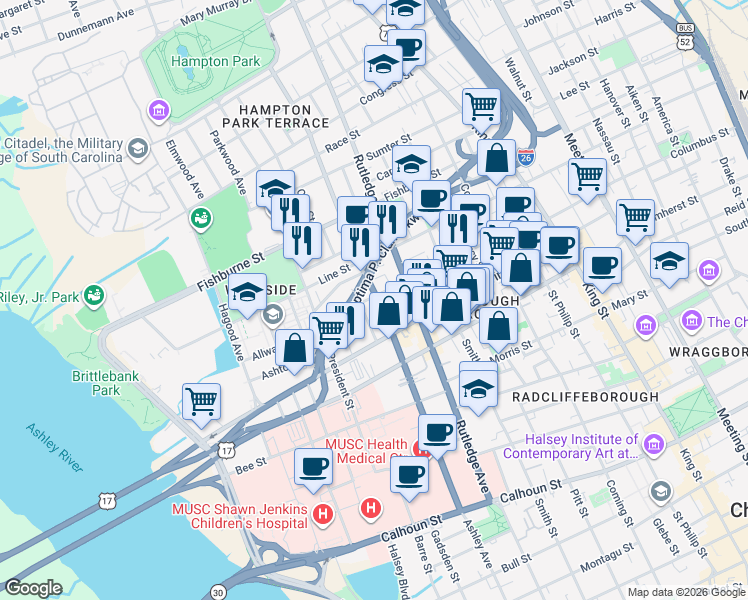 map of restaurants, bars, coffee shops, grocery stores, and more near 27 Kennedy Street in Charleston