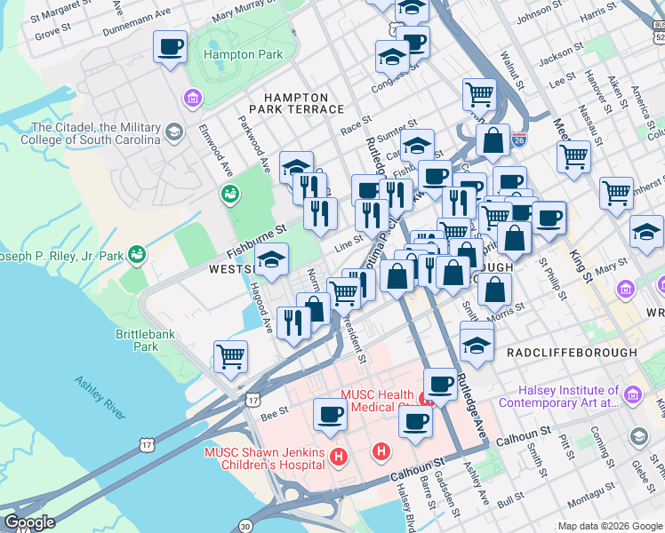 map of restaurants, bars, coffee shops, grocery stores, and more near 203 Line Street in Charleston