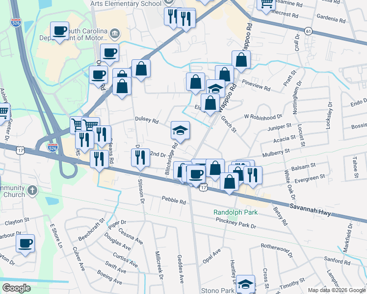 map of restaurants, bars, coffee shops, grocery stores, and more near 815 Wappoo Road in Charleston