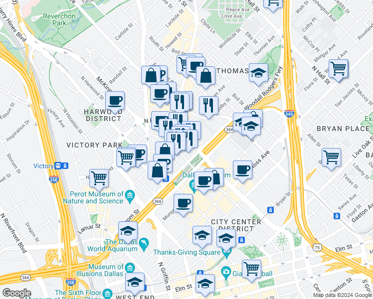 map of restaurants, bars, coffee shops, grocery stores, and more near 2200 North Pearl Street in Dallas
