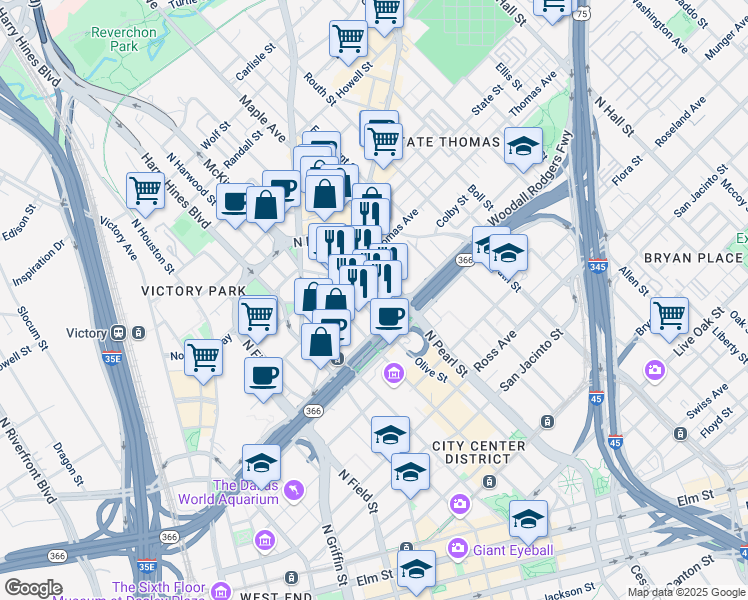 map of restaurants, bars, coffee shops, grocery stores, and more near 2100 McKinney Avenue in Dallas