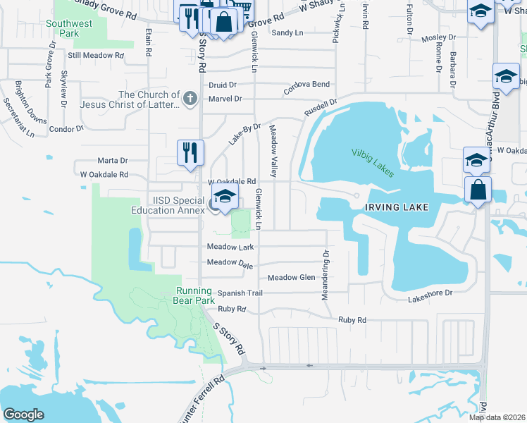 map of restaurants, bars, coffee shops, grocery stores, and more near 1818 Glenwick Lane in Irving