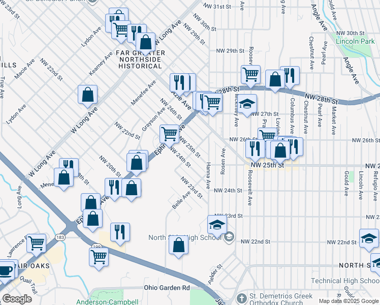 map of restaurants, bars, coffee shops, grocery stores, and more near 2309 Northwest 25th Street in Fort Worth