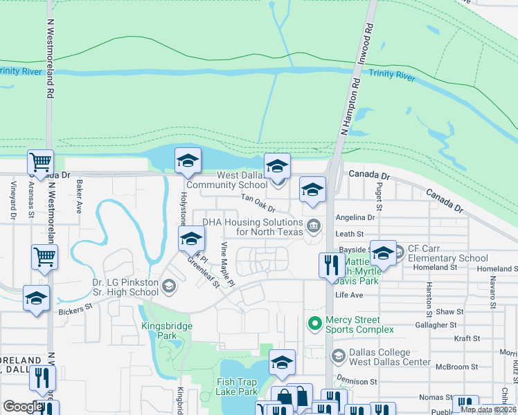 map of restaurants, bars, coffee shops, grocery stores, and more near 2436 Tan Oak Drive in Dallas