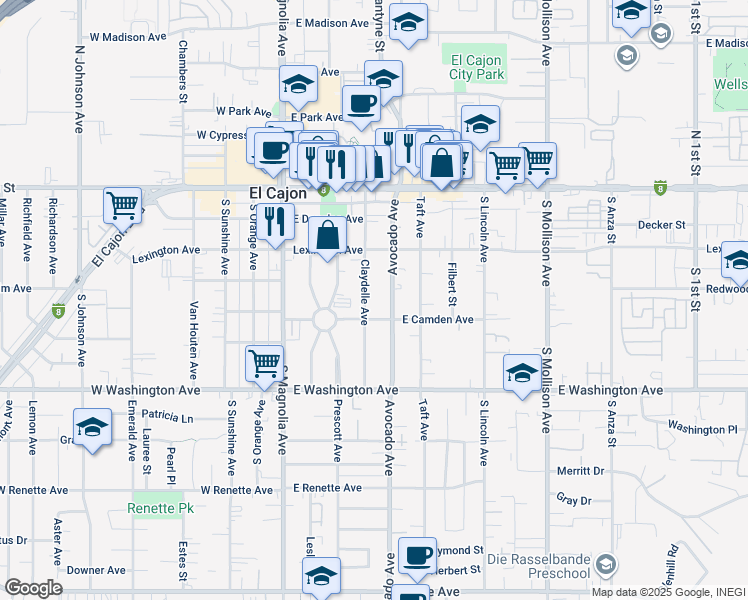 map of restaurants, bars, coffee shops, grocery stores, and more near 441 Claydelle Avenue in El Cajon