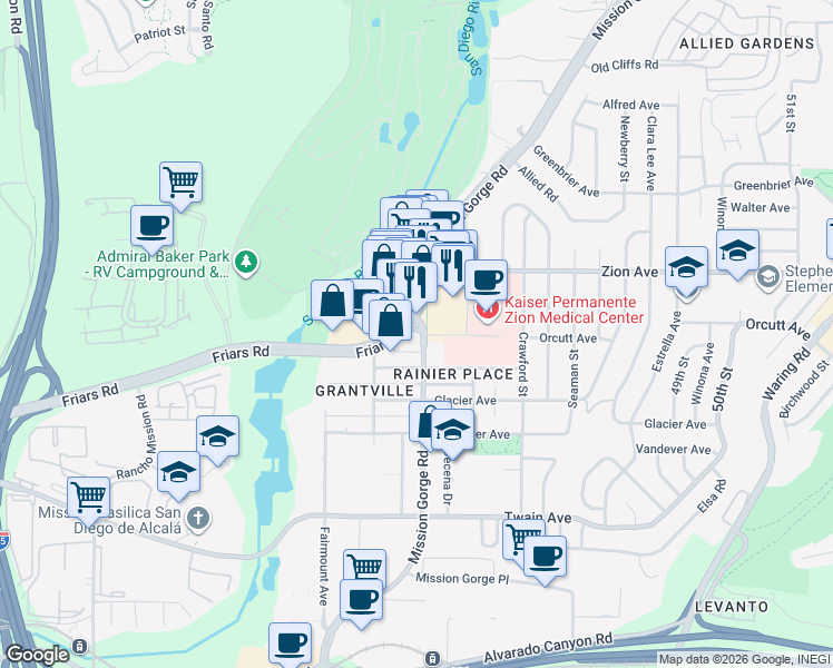 map of restaurants, bars, coffee shops, grocery stores, and more near 6529 Mission Gorge Road in San Diego