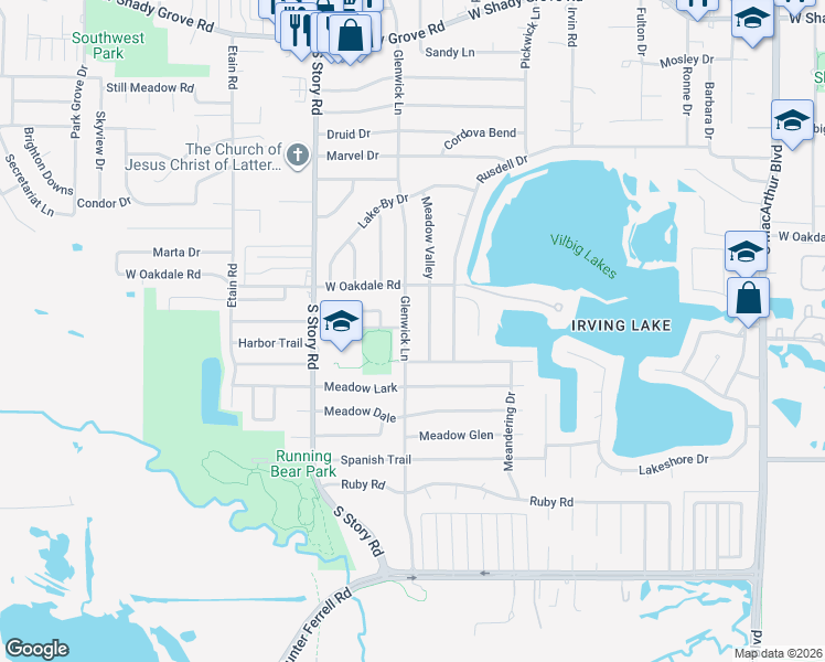 map of restaurants, bars, coffee shops, grocery stores, and more near 1818 Glenwick Lane in Irving