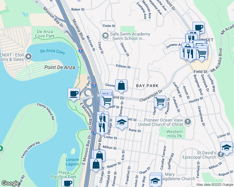 map of restaurants, bars, coffee shops, grocery stores, and more near 2540 Clairemont Drive in San Diego