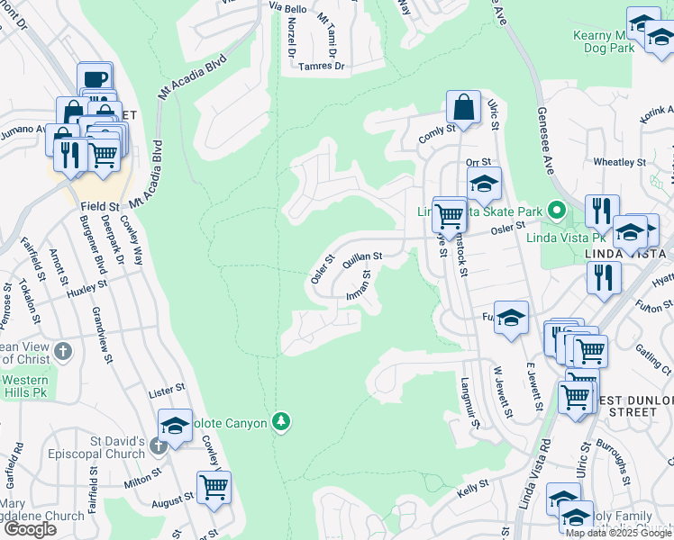 map of restaurants, bars, coffee shops, grocery stores, and more near 6328-30 Quillan Street in San Diego