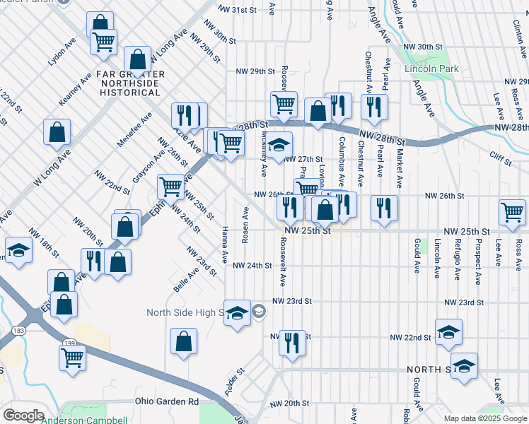 map of restaurants, bars, coffee shops, grocery stores, and more near 2520 Mckinley Avenue in Fort Worth