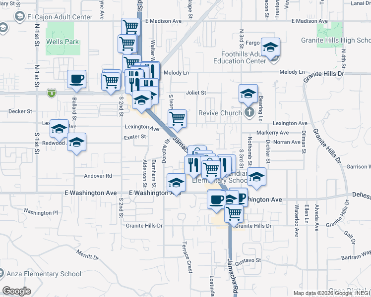 map of restaurants, bars, coffee shops, grocery stores, and more near 456 Jamacha Road in El Cajon