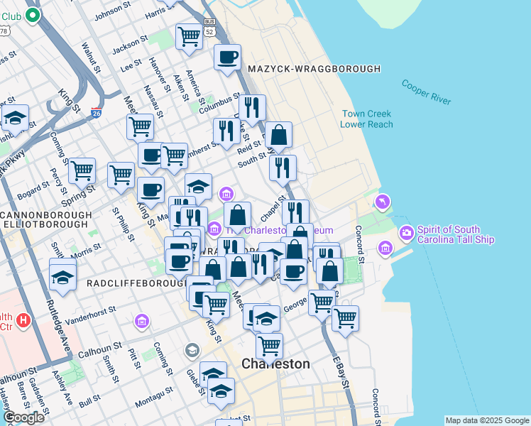 map of restaurants, bars, coffee shops, grocery stores, and more near 18F Chapel Street in Charleston