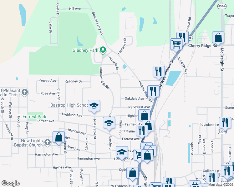 map of restaurants, bars, coffee shops, grocery stores, and more near 323 Ridgecrest Ave in Bastrop