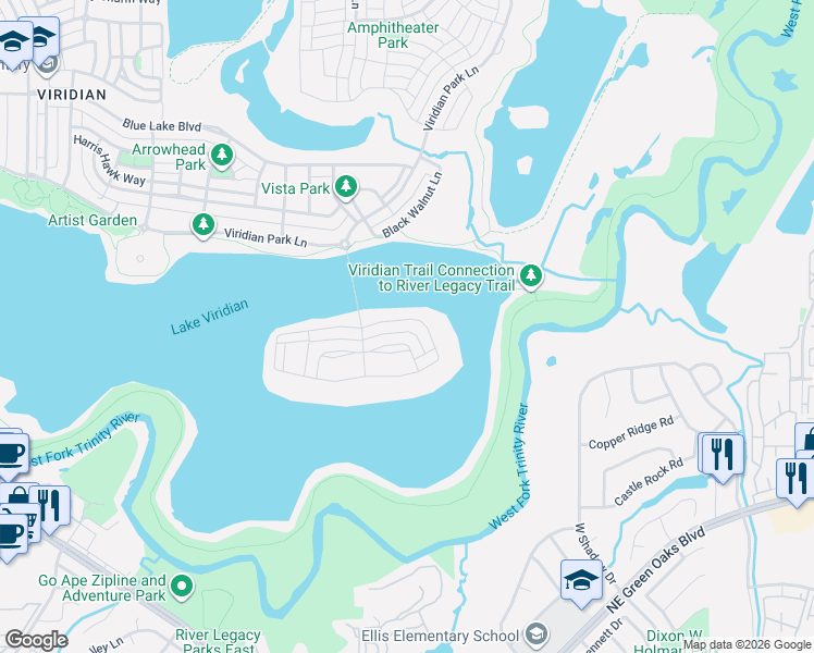 map of restaurants, bars, coffee shops, grocery stores, and more near 1328 Viridian Park Lane in Arlington