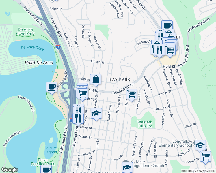 map of restaurants, bars, coffee shops, grocery stores, and more near 2737 Erie Street in San Diego