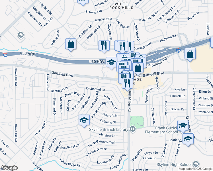 map of restaurants, bars, coffee shops, grocery stores, and more near 5636 Banting Way in Dallas