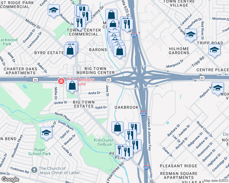 map of restaurants, bars, coffee shops, grocery stores, and more near 2100 U.S. 80 Frontage Road in Mesquite