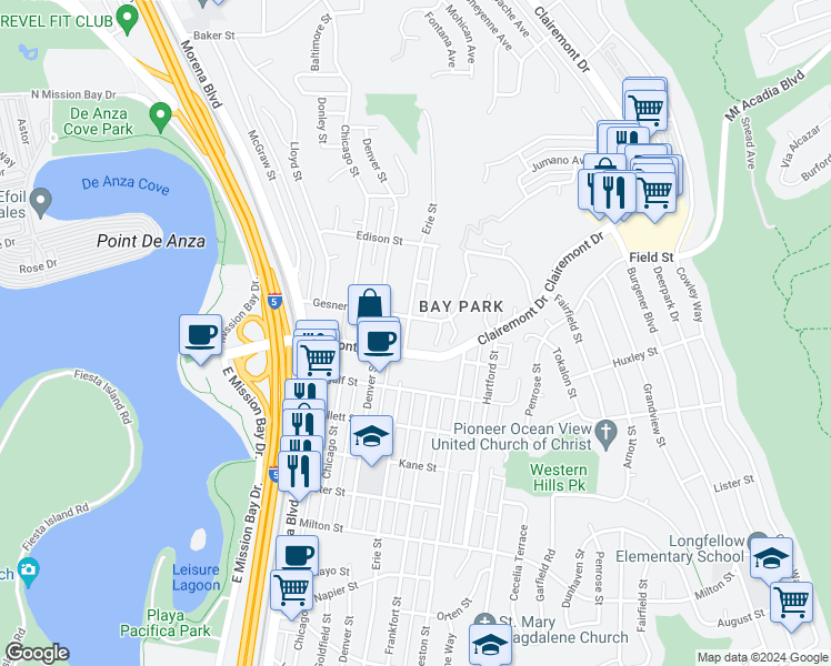 map of restaurants, bars, coffee shops, grocery stores, and more near 2737 Erie Street in San Diego