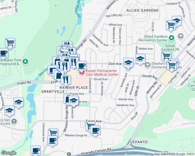 map of restaurants, bars, coffee shops, grocery stores, and more near 6526 Burgundy Street in San Diego