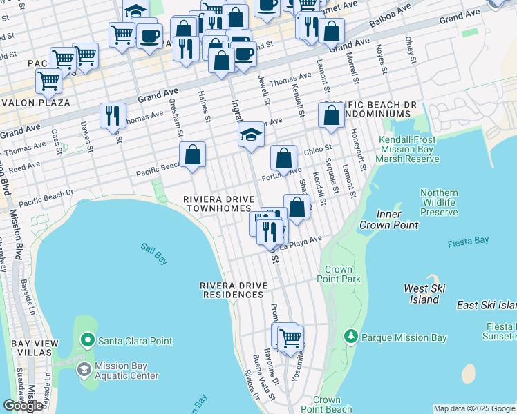 map of restaurants, bars, coffee shops, grocery stores, and more near 3910 Ingraham Street in San Diego