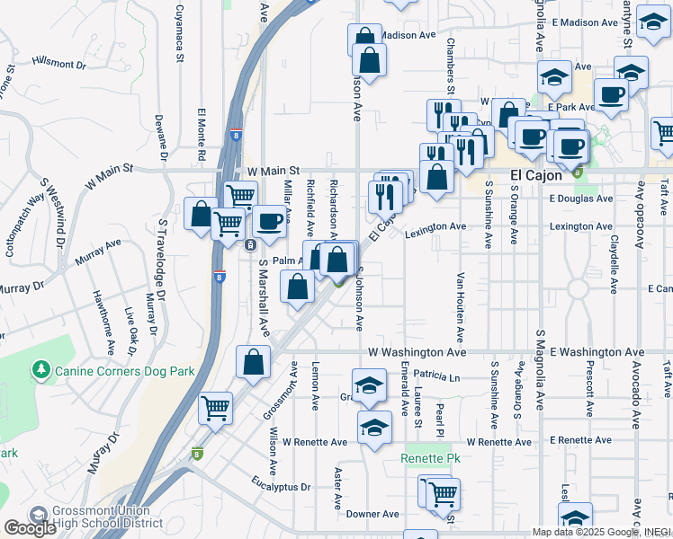 map of restaurants, bars, coffee shops, grocery stores, and more near 398 El Cajon Boulevard in El Cajon