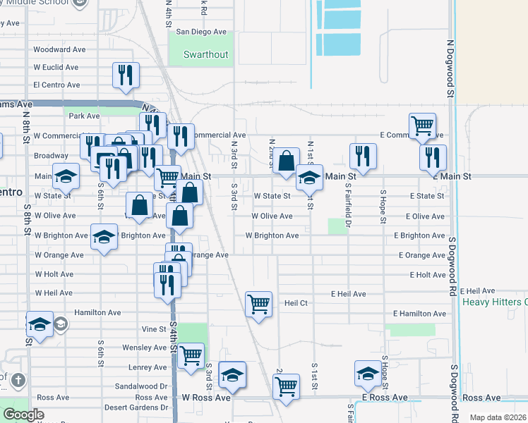 map of restaurants, bars, coffee shops, grocery stores, and more near 200 2nd Street in El Centro