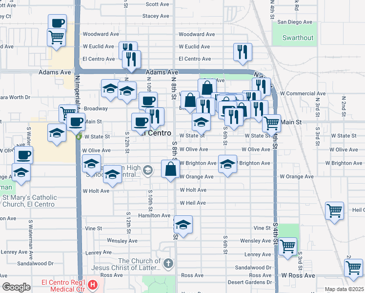 map of restaurants, bars, coffee shops, grocery stores, and more near 752 West Olive Avenue in El Centro