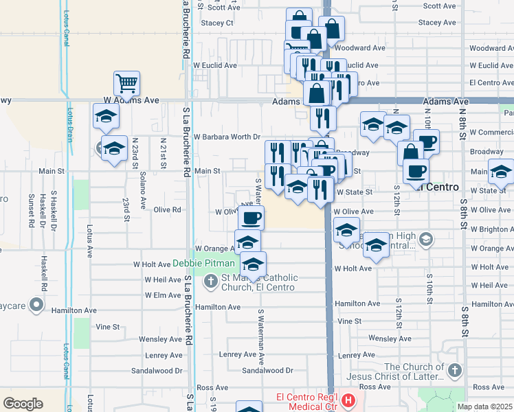map of restaurants, bars, coffee shops, grocery stores, and more near 1720 West Olive Avenue in El Centro