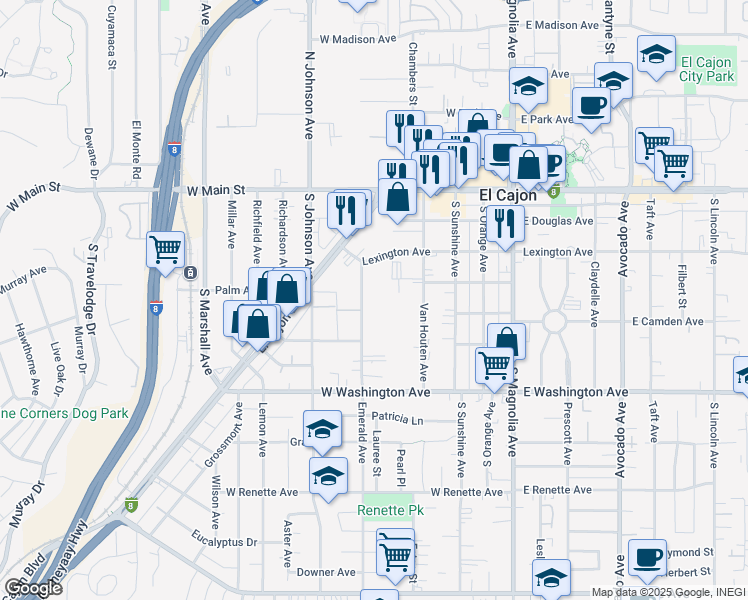 map of restaurants, bars, coffee shops, grocery stores, and more near 391 Emerald Avenue in El Cajon