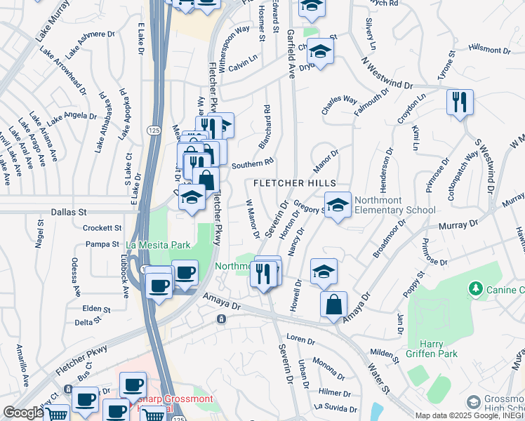 map of restaurants, bars, coffee shops, grocery stores, and more near 6200 Dixie Drive in La Mesa
