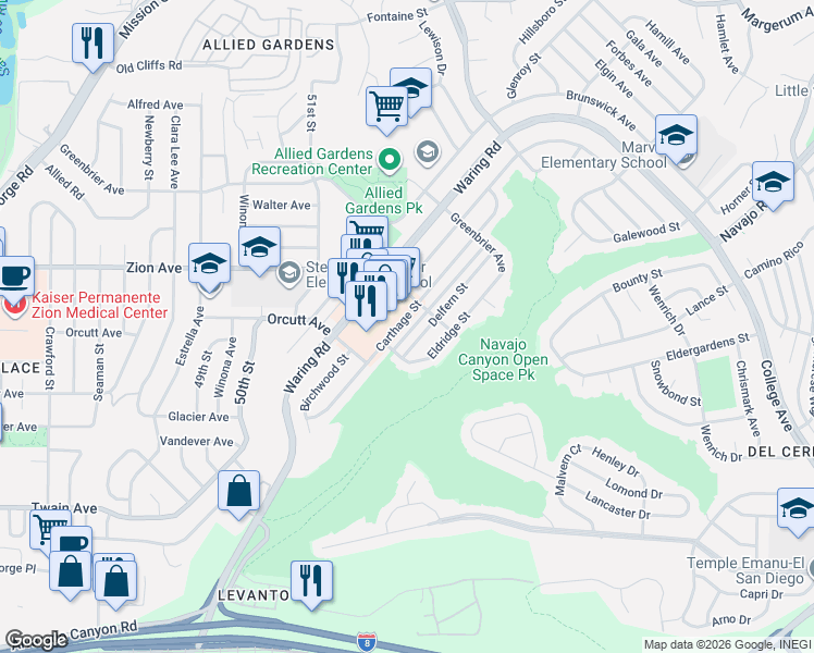 map of restaurants, bars, coffee shops, grocery stores, and more near 6585 Carthage Street in San Diego