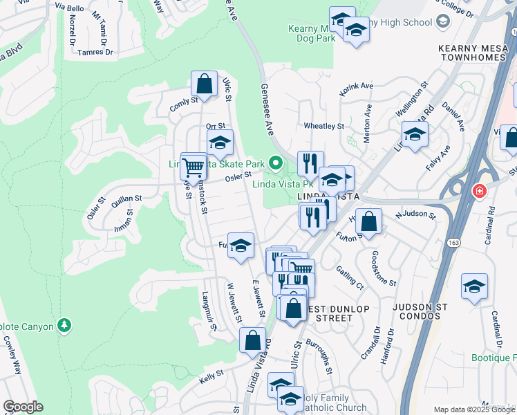 map of restaurants, bars, coffee shops, grocery stores, and more near 2647 Ulric Street in San Diego