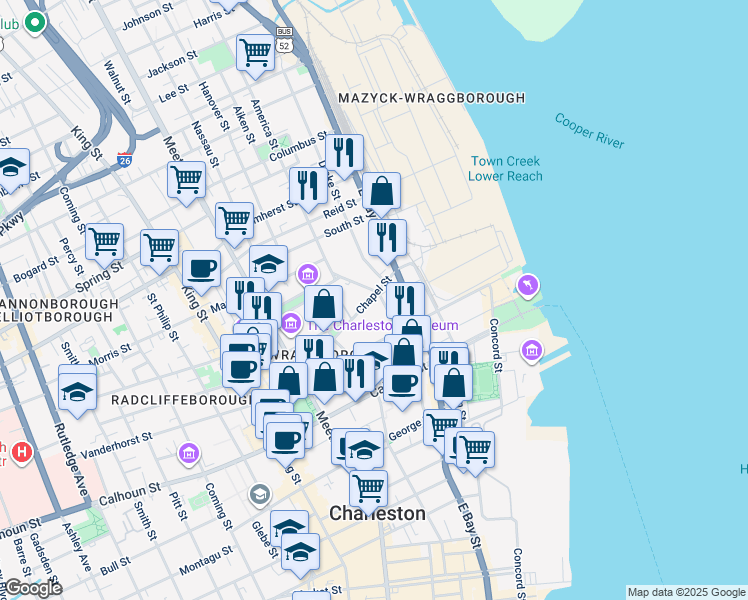 map of restaurants, bars, coffee shops, grocery stores, and more near 18F Chapel Street in Charleston