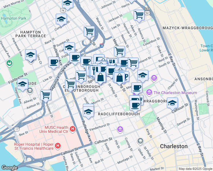 map of restaurants, bars, coffee shops, grocery stores, and more near 15 Brewster Court in Charleston