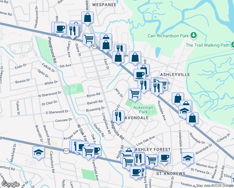 map of restaurants, bars, coffee shops, grocery stores, and more near 4 Jerry Drive in Charleston