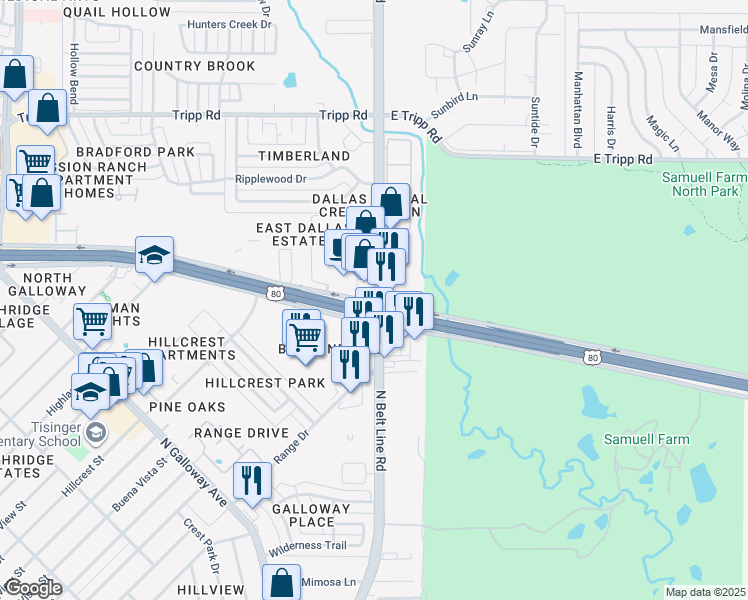 map of restaurants, bars, coffee shops, grocery stores, and more near 2030 North Belt Line Road in Mesquite