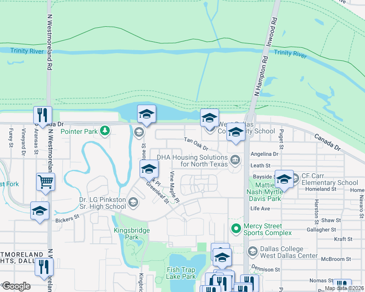map of restaurants, bars, coffee shops, grocery stores, and more near 2521 Tan Oak Drive in Dallas