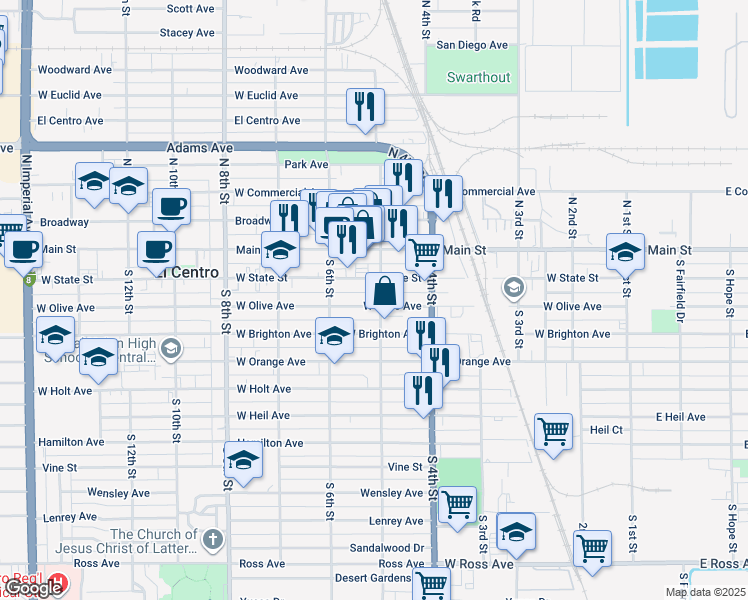 map of restaurants, bars, coffee shops, grocery stores, and more near 230 South 5th Street in El Centro