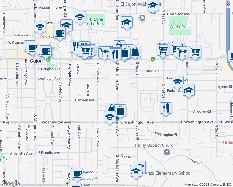 map of restaurants, bars, coffee shops, grocery stores, and more near 456 South Mollison Avenue in El Cajon
