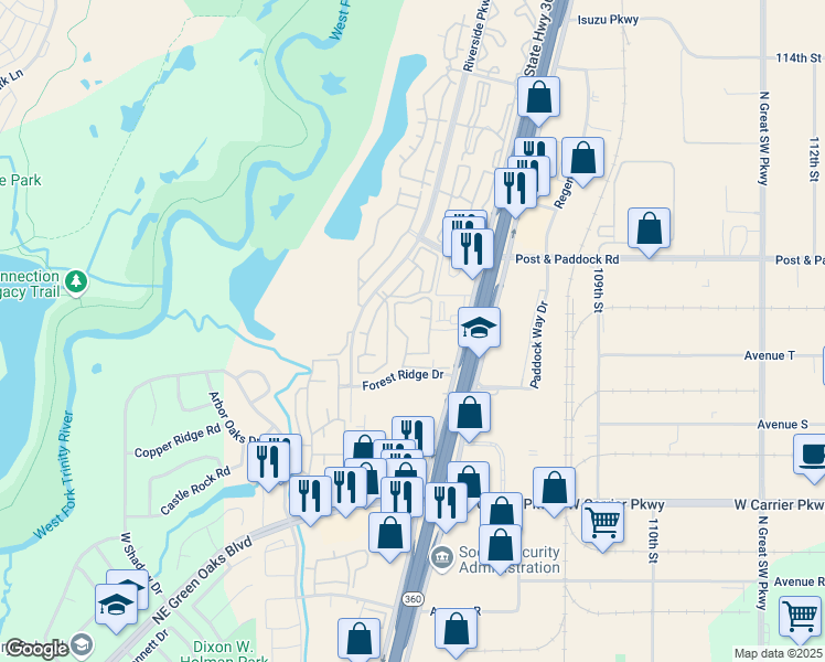 map of restaurants, bars, coffee shops, grocery stores, and more near 2355 North Highway 360 in Grand Prairie